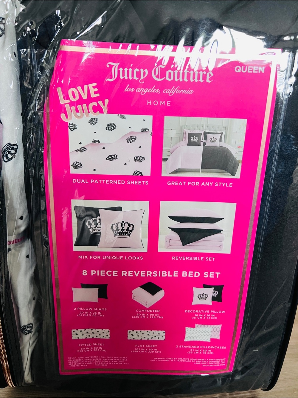 Juicy couture black/pink reversible comforter set queen sham,sheets,pillow - Picture 6 of 6